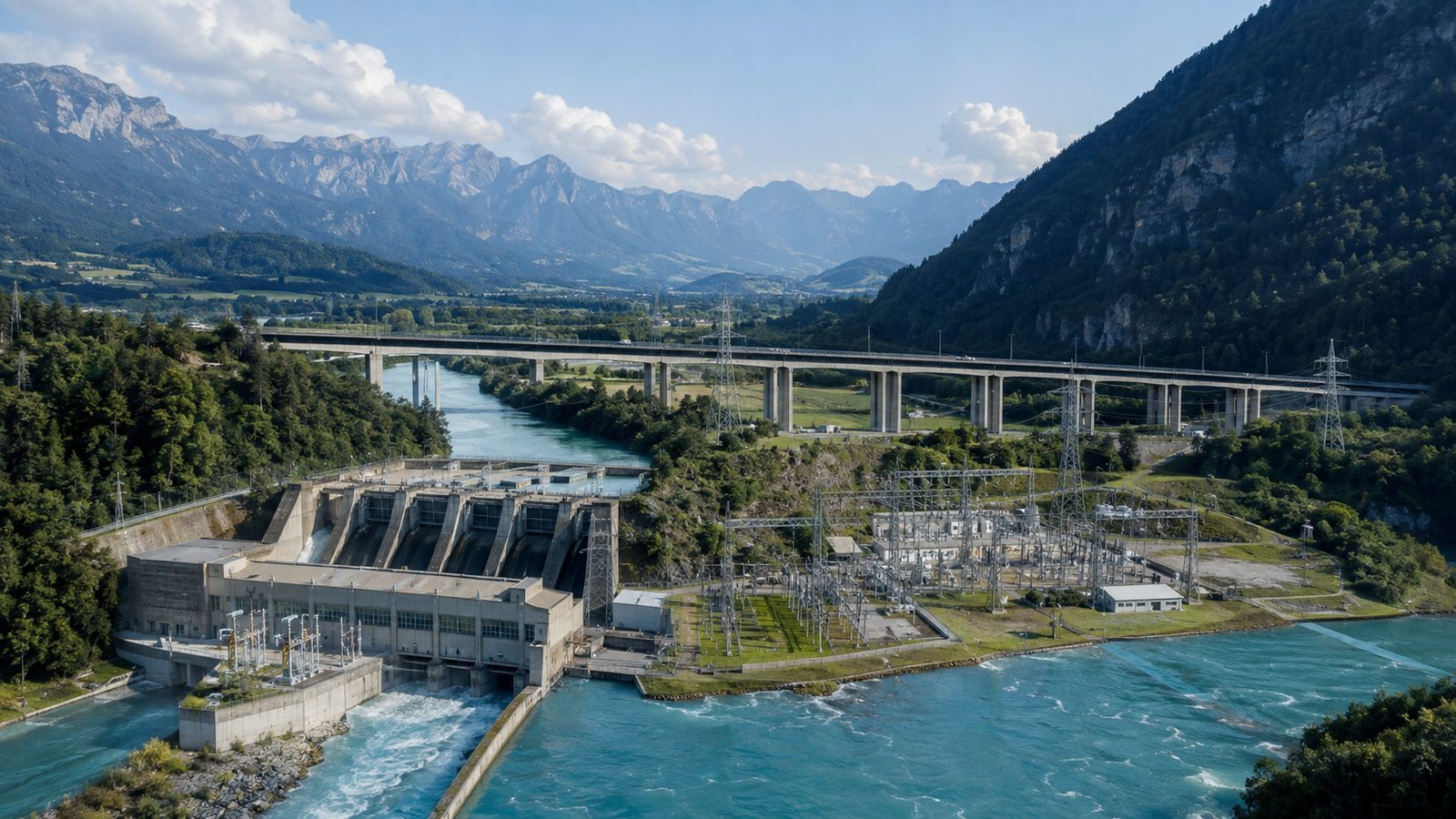Hydropower plant with substation and transmission lines in an alpine valley