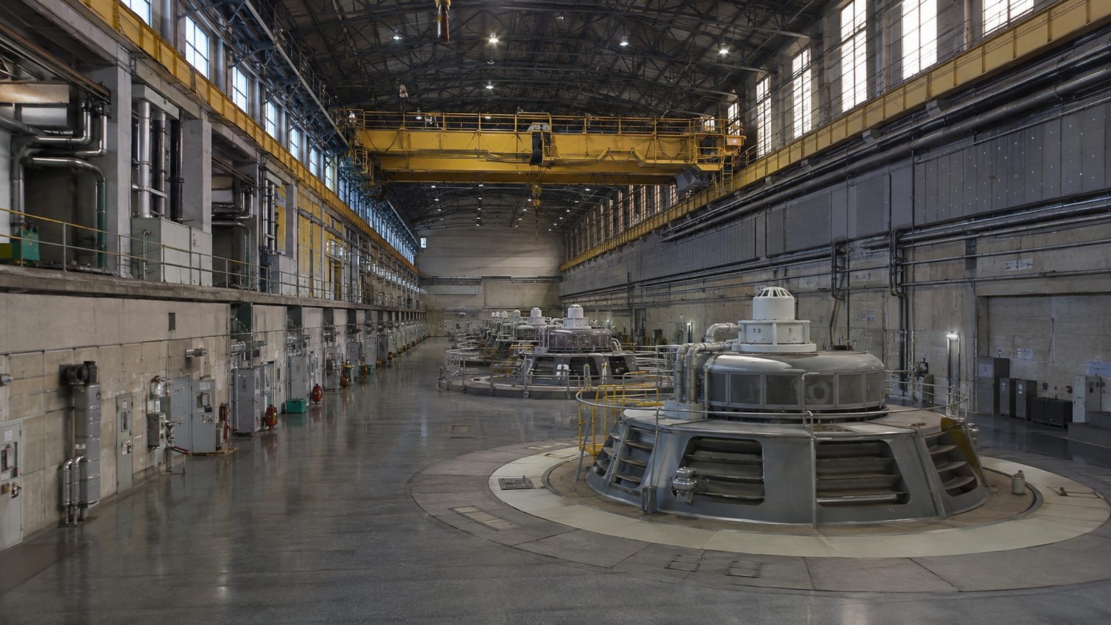 Generator hall of a hydroelectric power station with technical infrastructure