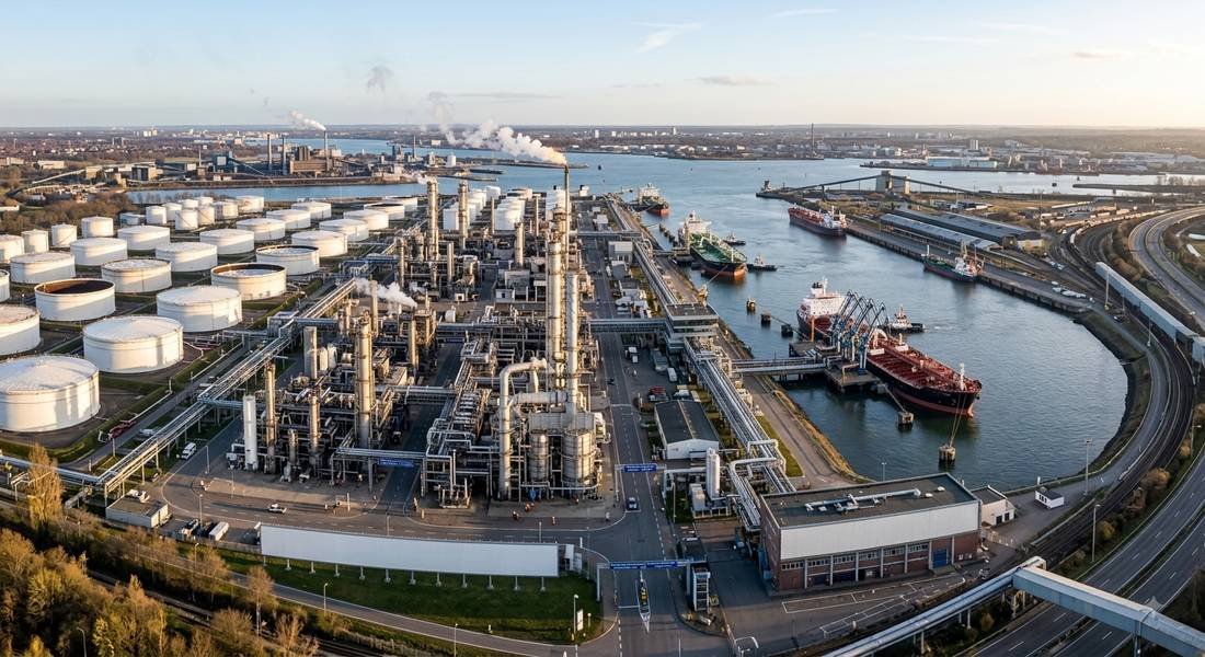 Luftaufnahme einer Ölraffinerie mit Tanklagern und Tankschiffen im Hafen