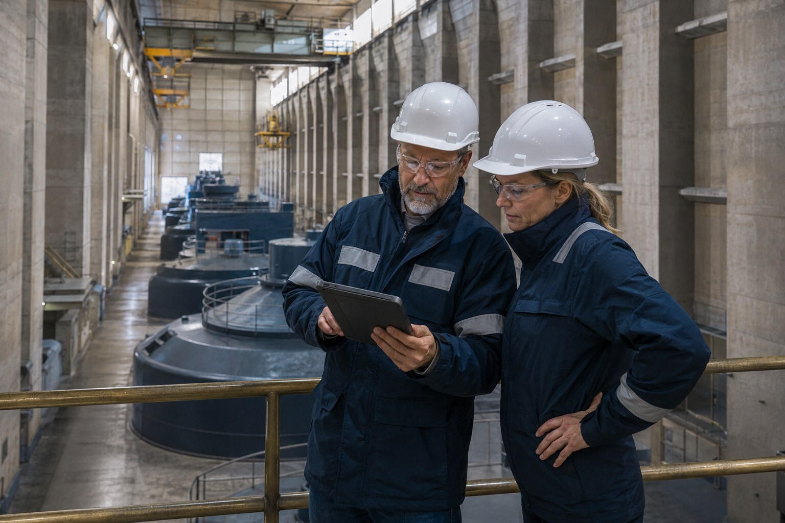 Specialists reviewing the technical assets of a hydroelectric power station