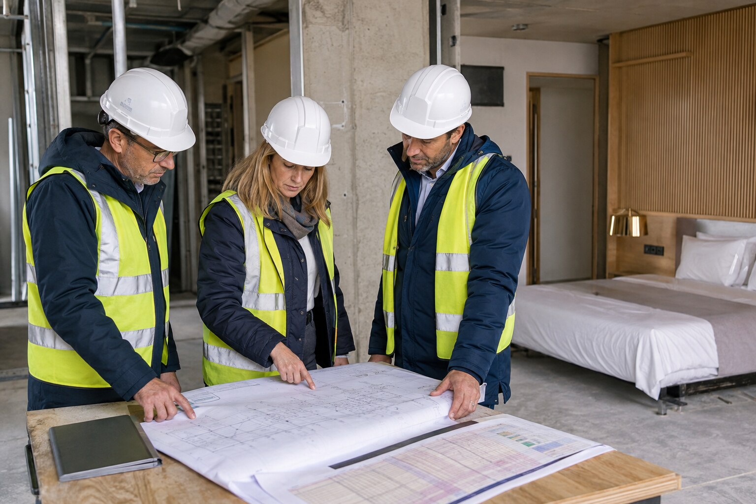 Fachpersonen prüfen Pläne und Baufortschritt eines Hotelprojekts