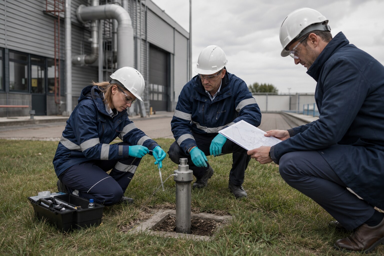 Environmental specialists assessing an industrial site
