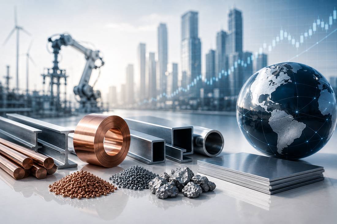 Copper, aluminium and metal granules in front of an industrial plant and city skyline