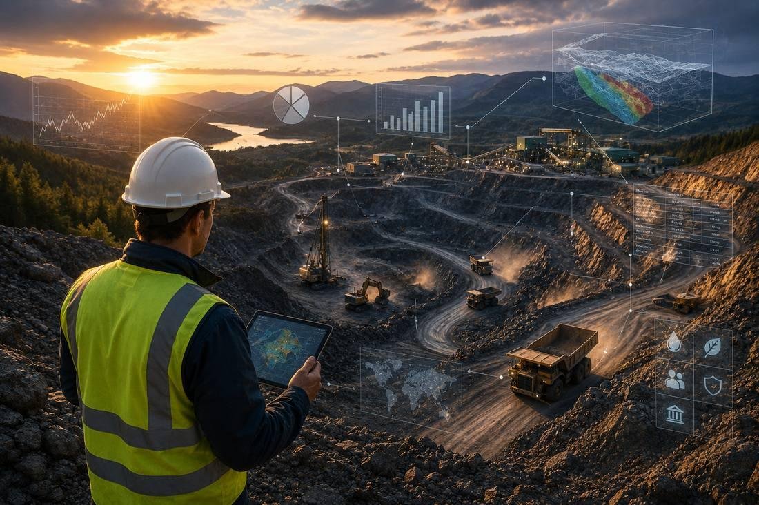 Engineer with a tablet in front of an open-pit mine, overlaid with geological models and metrics