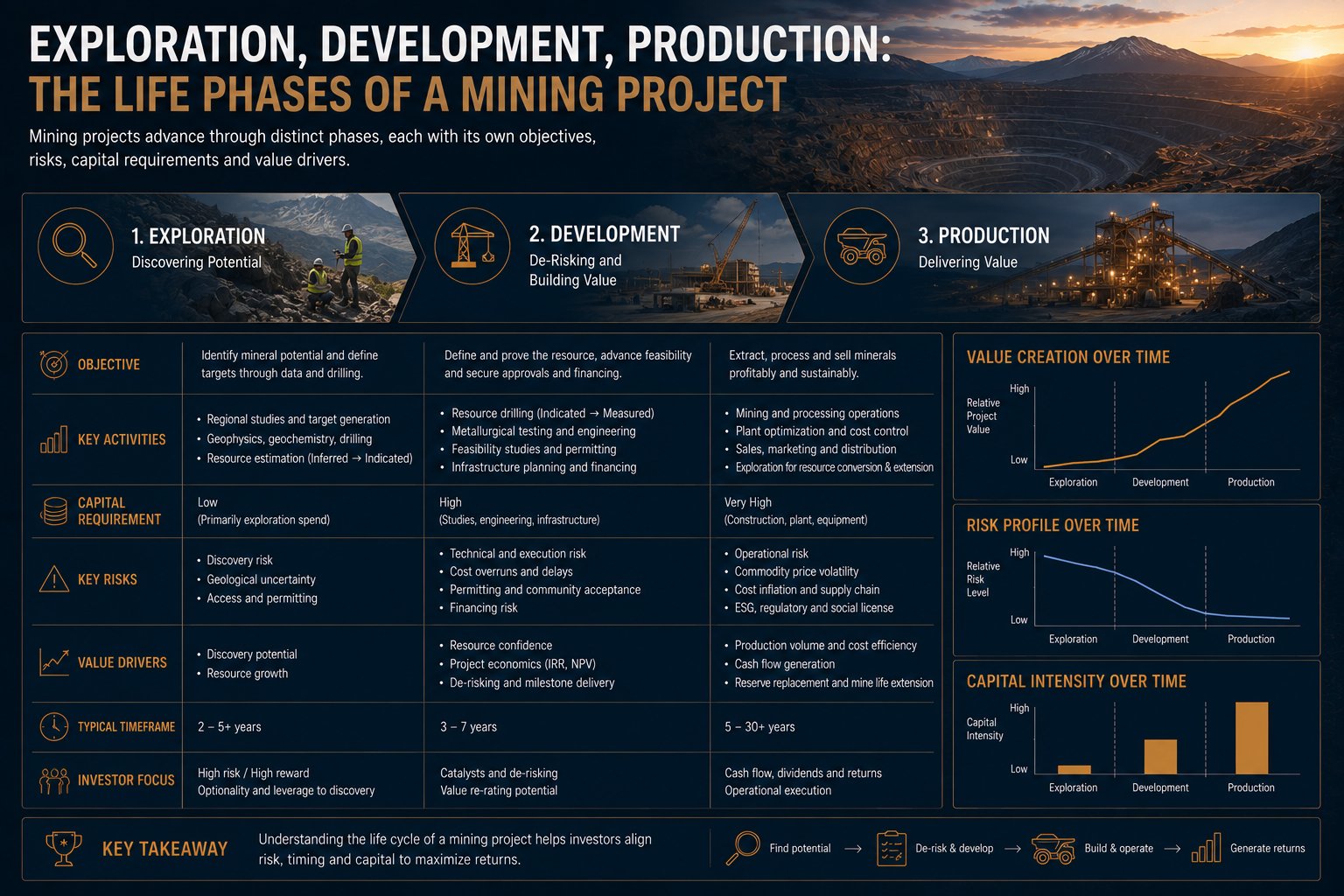 The three lifecycle phases of a mining project with value development, risk profile and capital intensity