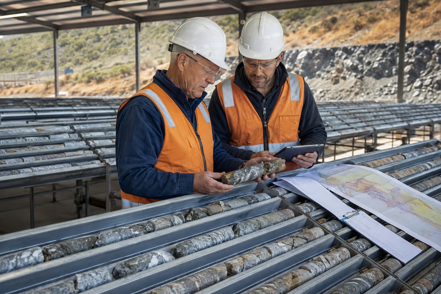 Geologe und Projektberater prüfen Bohrkerne und geologische Unterlagen