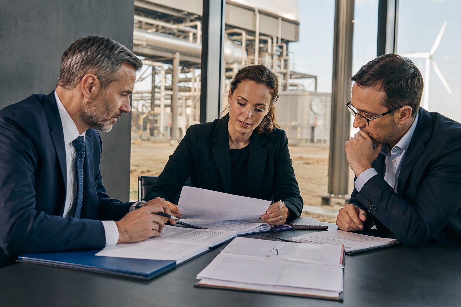 Projektgesellschaft, Finanzierungspartner und Berater prüfen Vertragsunterlagen